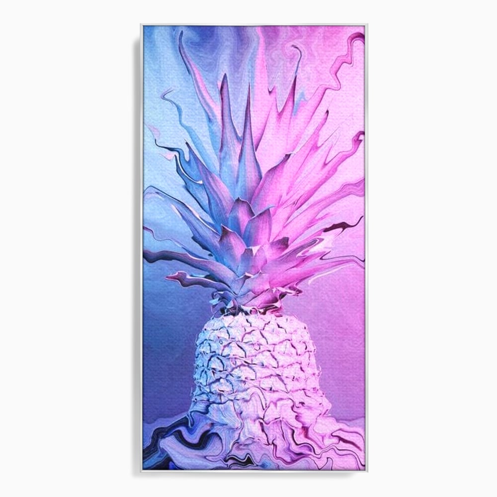 Tablou canvas cu tablou canvas cu ananas neon, in rama de aluminiu argintiu